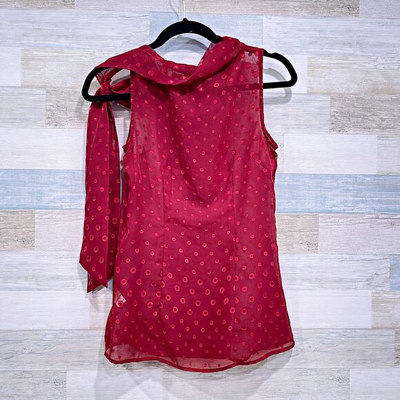 BANANA REPUBLIC Sheer Embroidered Dot Tie Neck Blouse Red Sleeveless Womens 0 - Picture 3 of 5